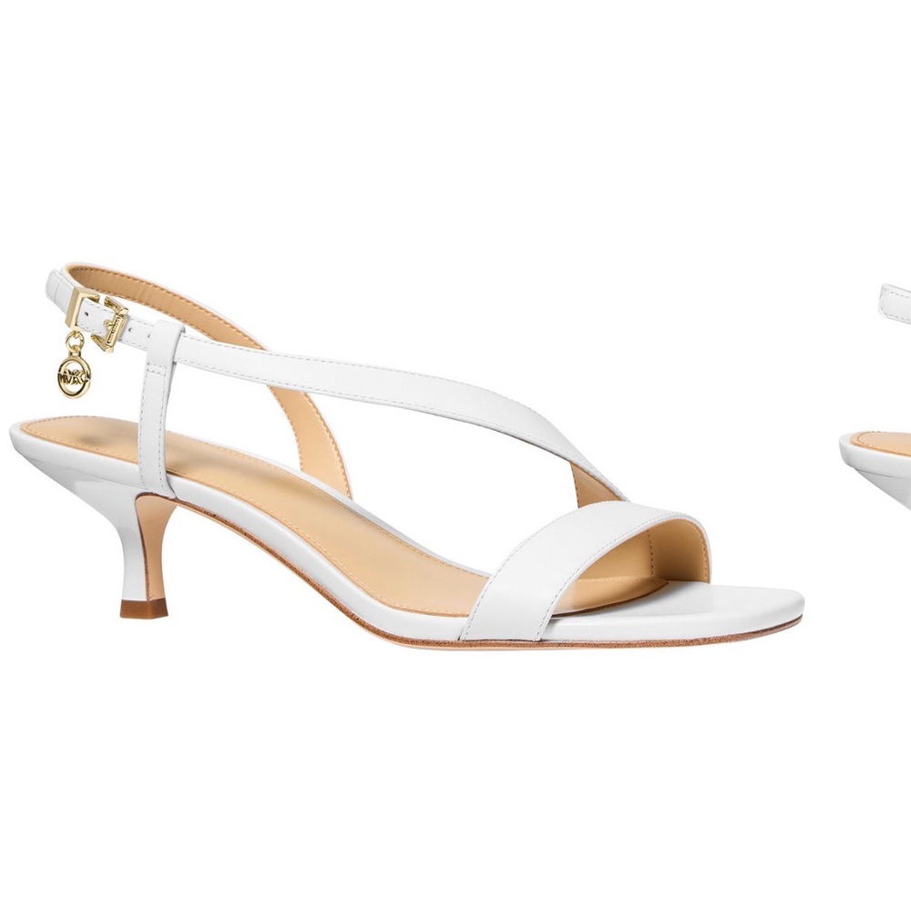MICHAEL Michael Kors White Leather Slingback Kitten Heel Sandals with Gold Charm